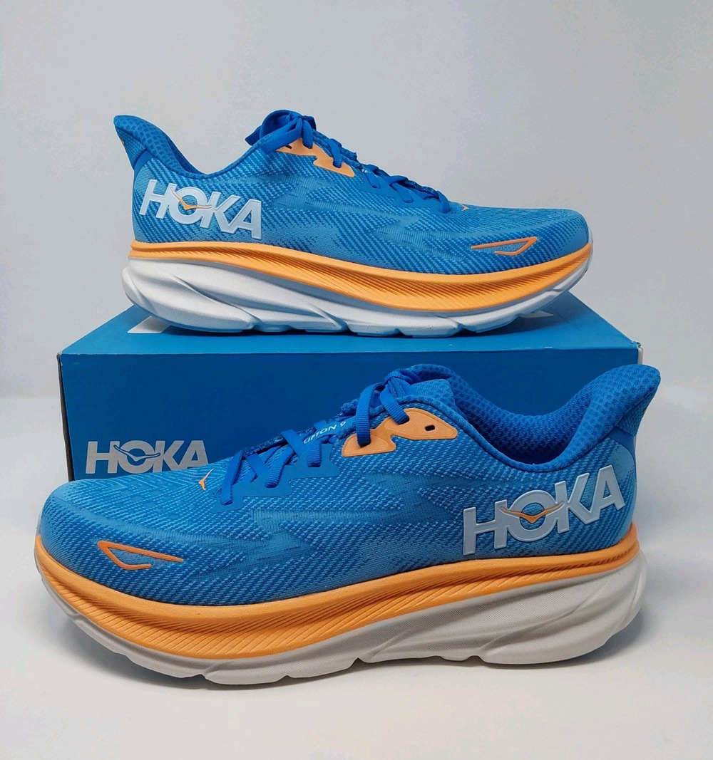 HOKA Clifton 9 Mens 12D Coastal Sky Blue Orange Running Shoes 1127895 CSAA